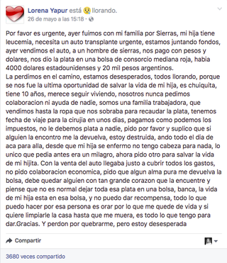Illustration for article titled Encontró una bolsa con 5,200 dólares, localizó a su dueña por Facebook y salvó la vida de una niña con leucemia